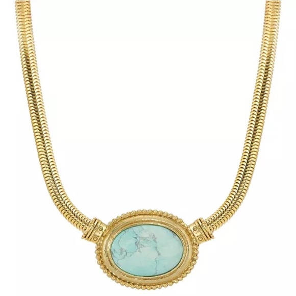 1928 Jewelry - Gold Tone Turquoise Semi Precious Oval Stone Necklace - Sapphire